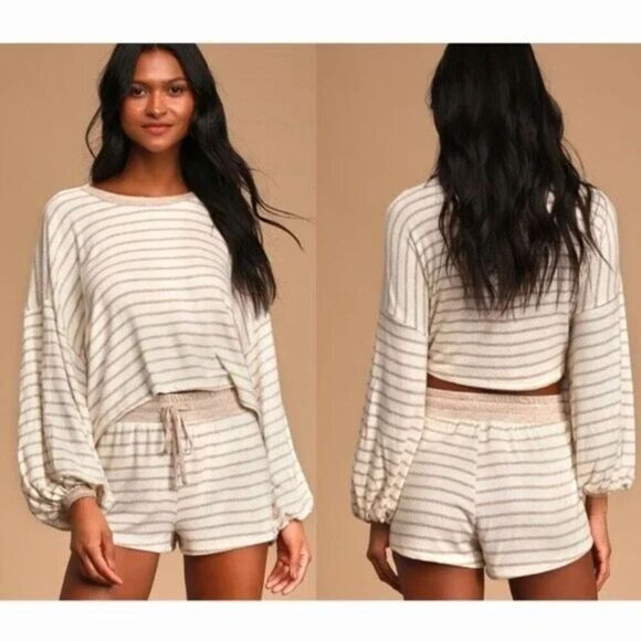 Lulus Striped Long Sleeve Soft Cozy Knit Oversized Top Stretch Lounge Medium - Picture 2 of 10